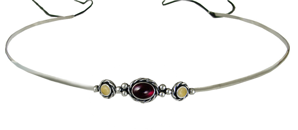 Sterling Silver Renaissance Style Exquisite Headpiece Circlet Tiara With Garnet And Yellow Jade